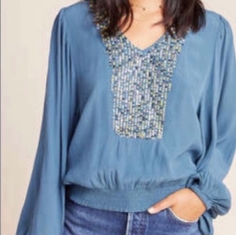 Maeve Anthropologie Kristie Sequined Peasant Blouse In Blue